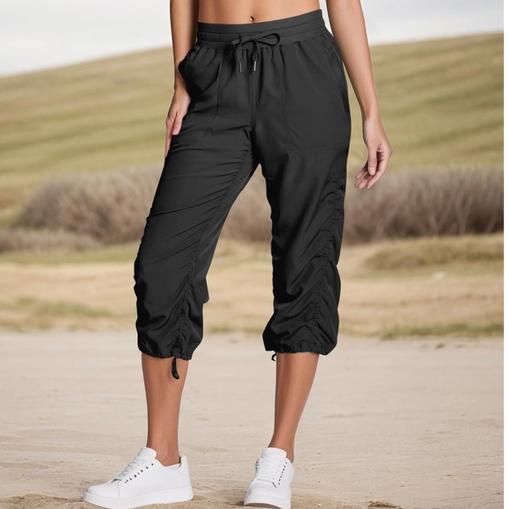 BCG Dark Grey Capri Pants Size L Adjustable Waist with Tie Front. Pockets